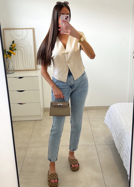 Top Beige cintré à boutons doré